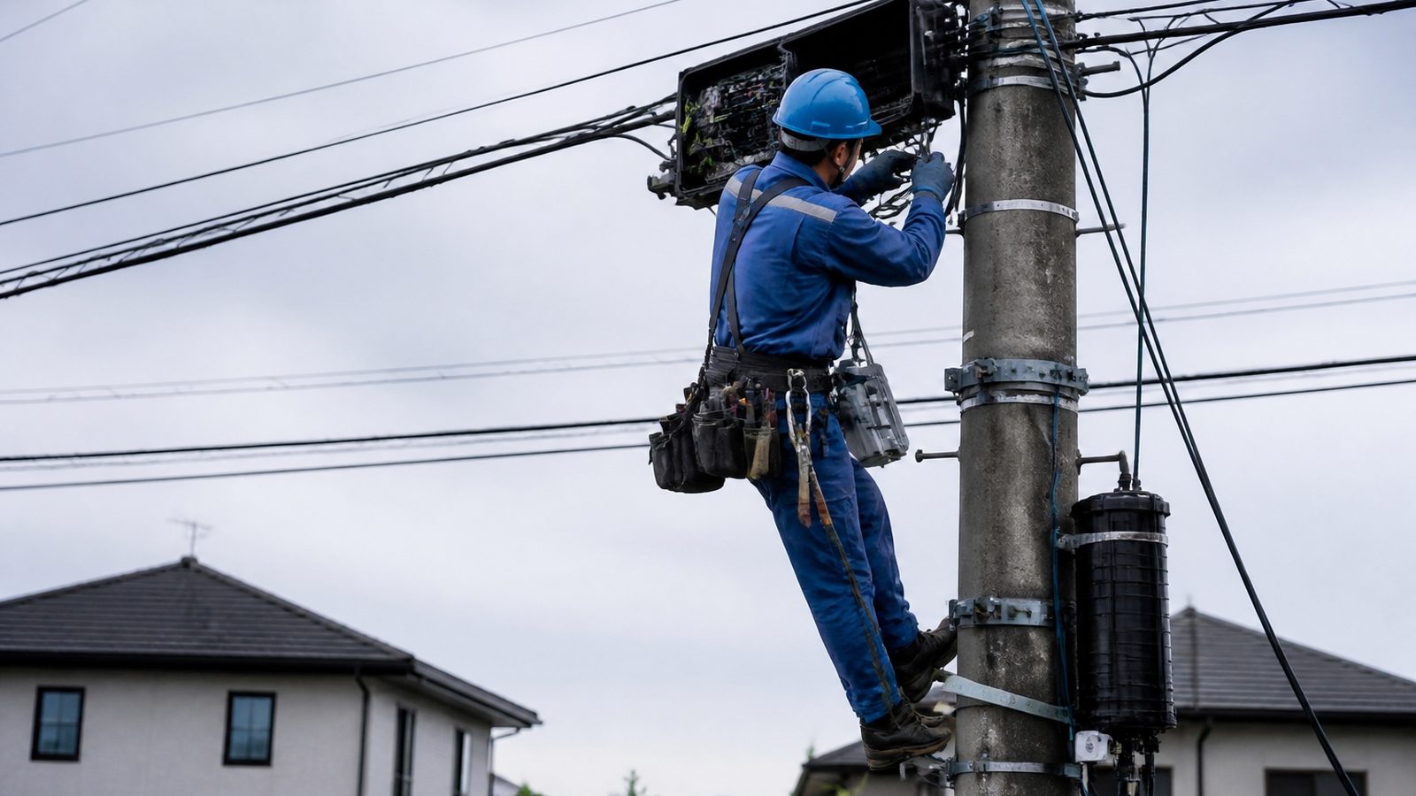 郊外の道路で、電柱の上で光ファイバーケーブルを接続する通信工事の作業員